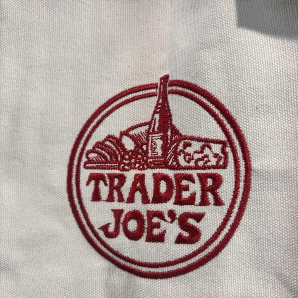 Trader Joe's Reusable Canvas Tote Bag Cream Green Embroidery 0080 9160
